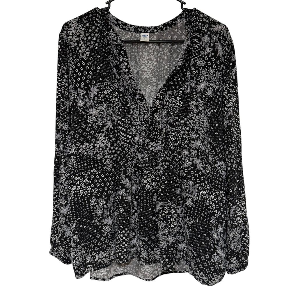 OLD NAVY Black Floral Tunic Size Large Long Sleeve Notched V Neck Flowy